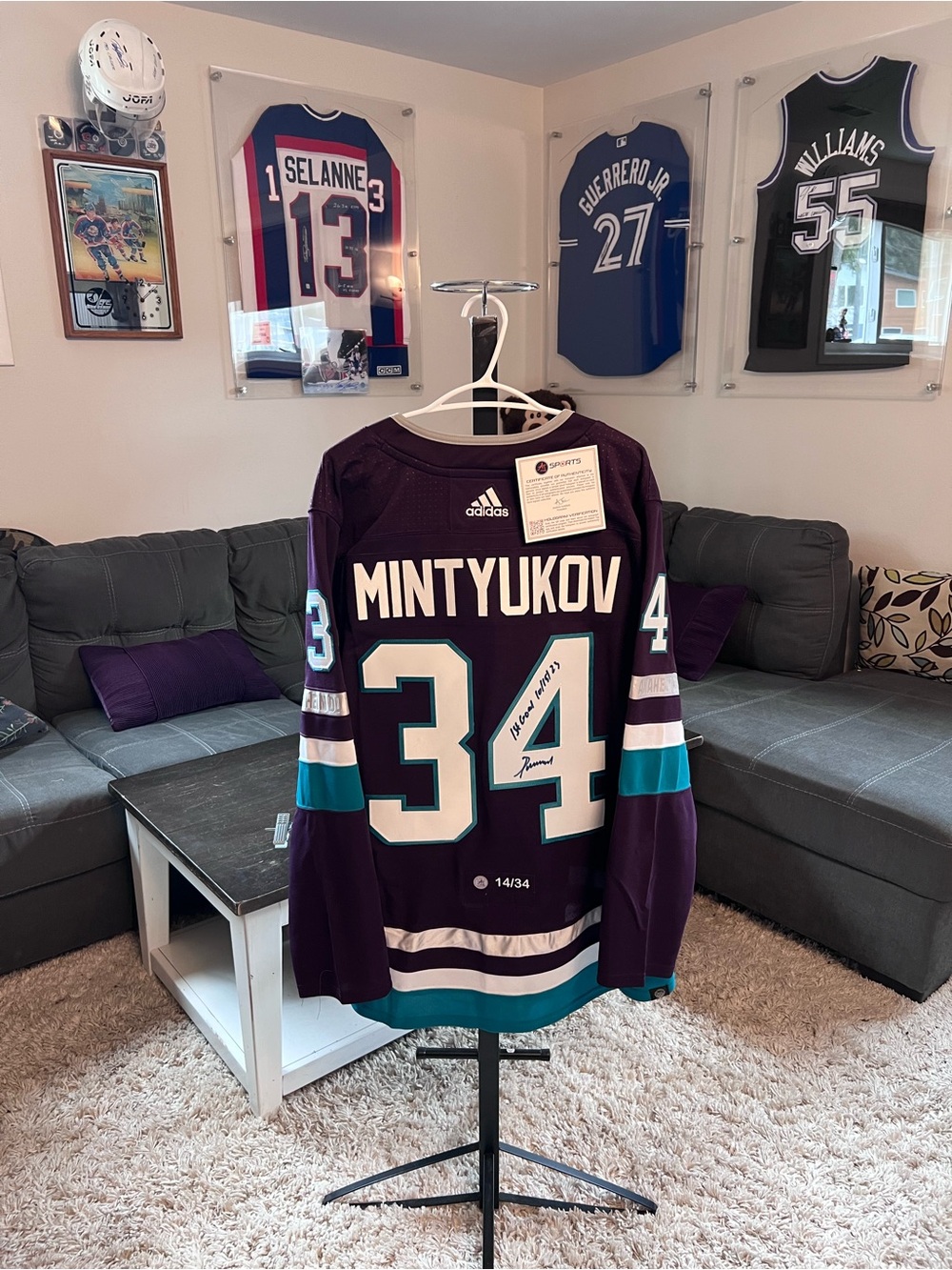 Adidas Purple Teal and White Mintyukov #34 Hockey Jersey